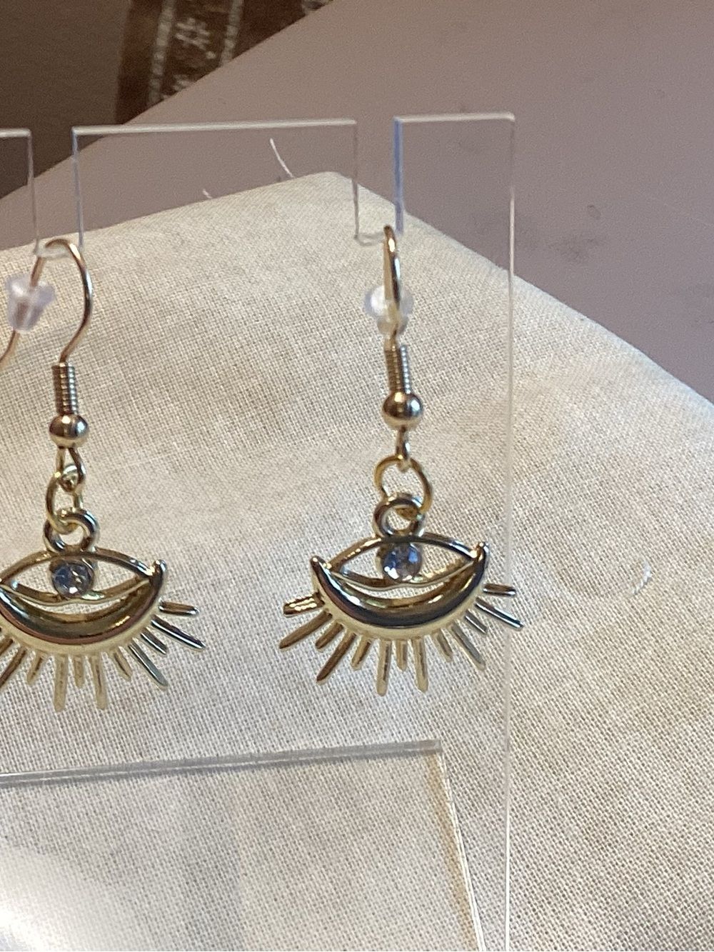 Gold Tone Eye & Sunburst Drop Earrings -Post and Clutch Back
